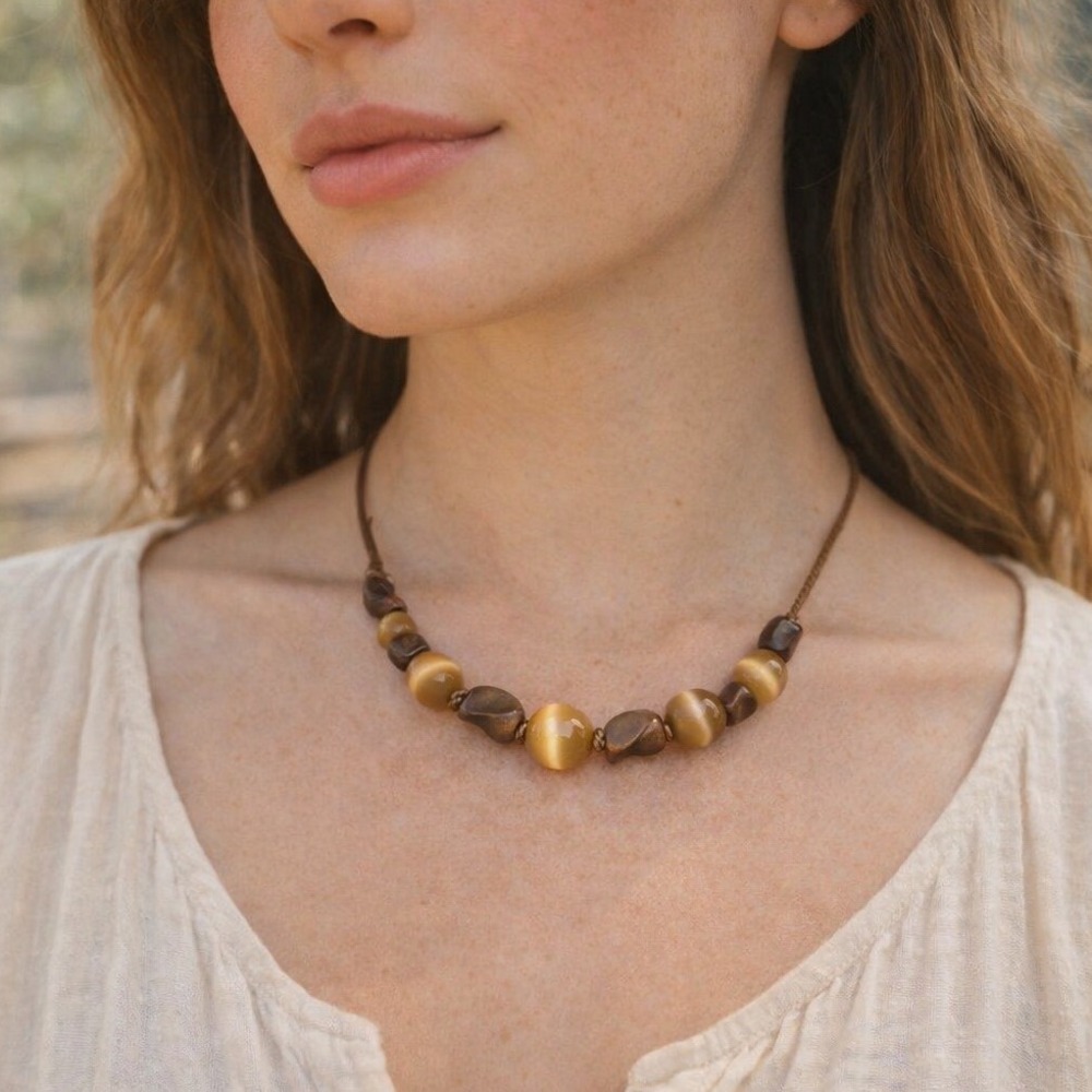 Beaded Necklace Cats Eye Glass Brown Gold Tone Tiger Eye Look Statement 16-18"
